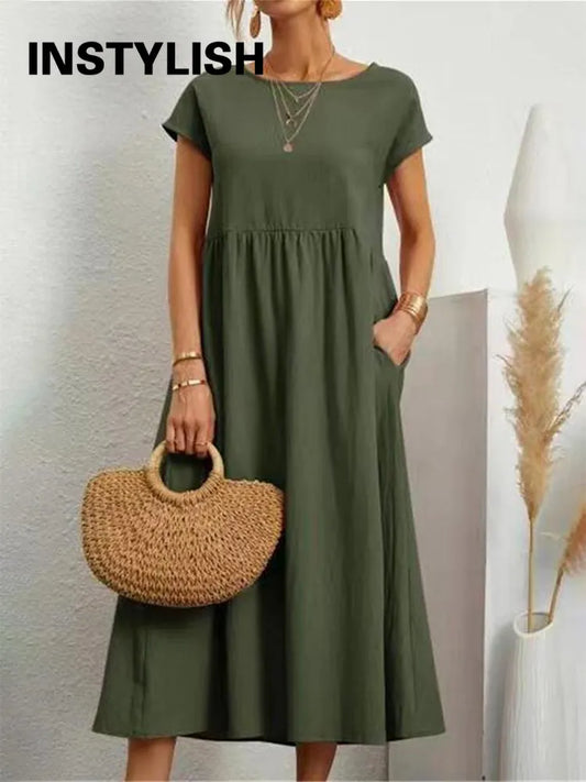 Vintage Solid Midi Dress