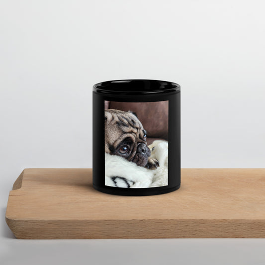 Black coffee mug with Pug face on it.